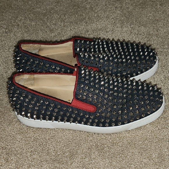 Used Christian Louboutin Men\'s Studded Slip-On Shoes - Black and Red